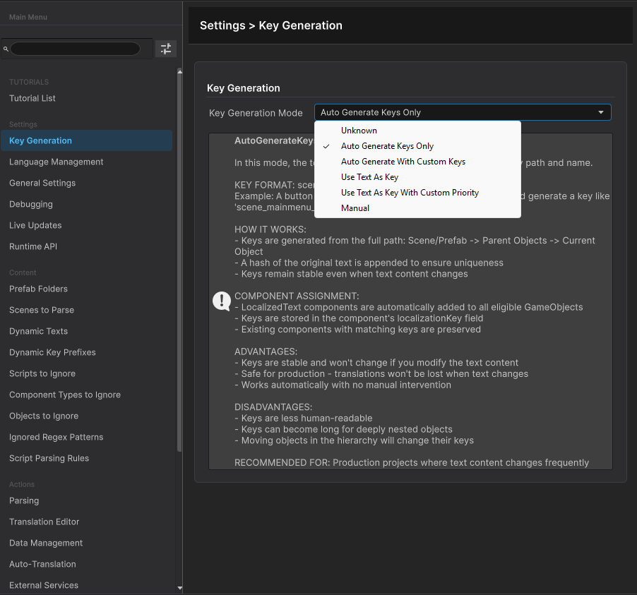Settings tab overview
